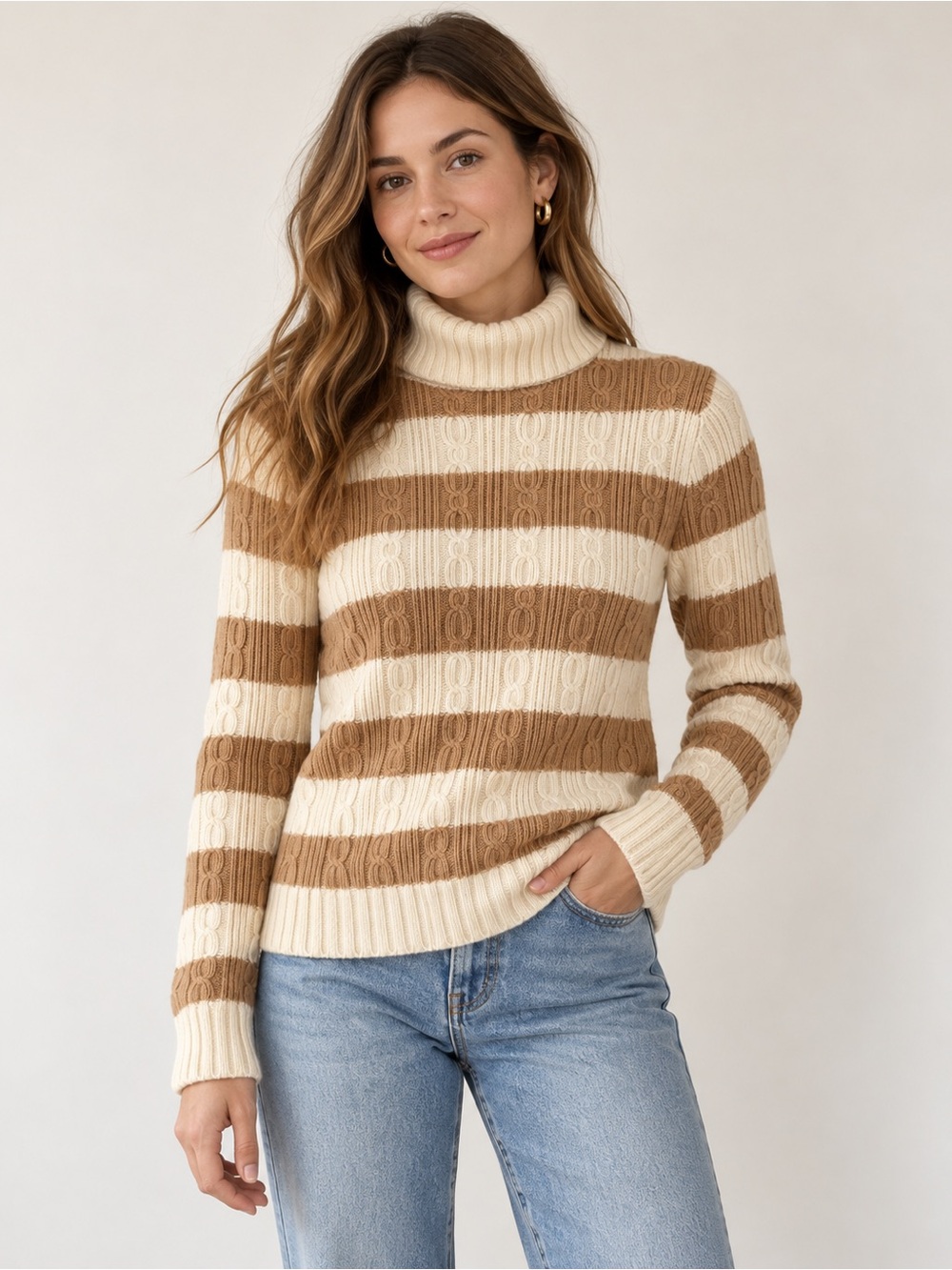 Daniel Bishop Cashmere Turtleneck Cable Knit Size S Cream Camel